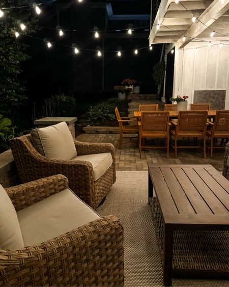 Outdoor patio string lights. Outdoor chairs. Outdoor furniture. Outdoor/indoor area rug. Home decor  

#LTKHome #LTKSeasonal