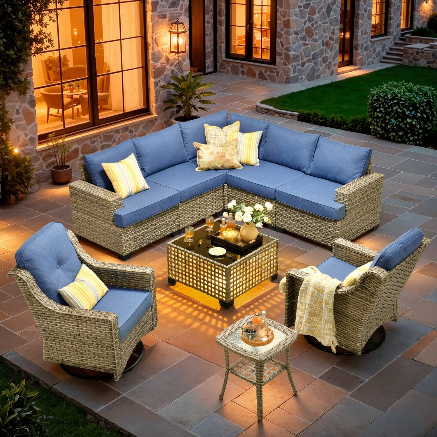Ovios - 9 PCS Patio Furniture Set Sectional Sofa with Swivel Rocking Chair, Coffee Table & Side Table - Denim Blue | Best Buy U.S.