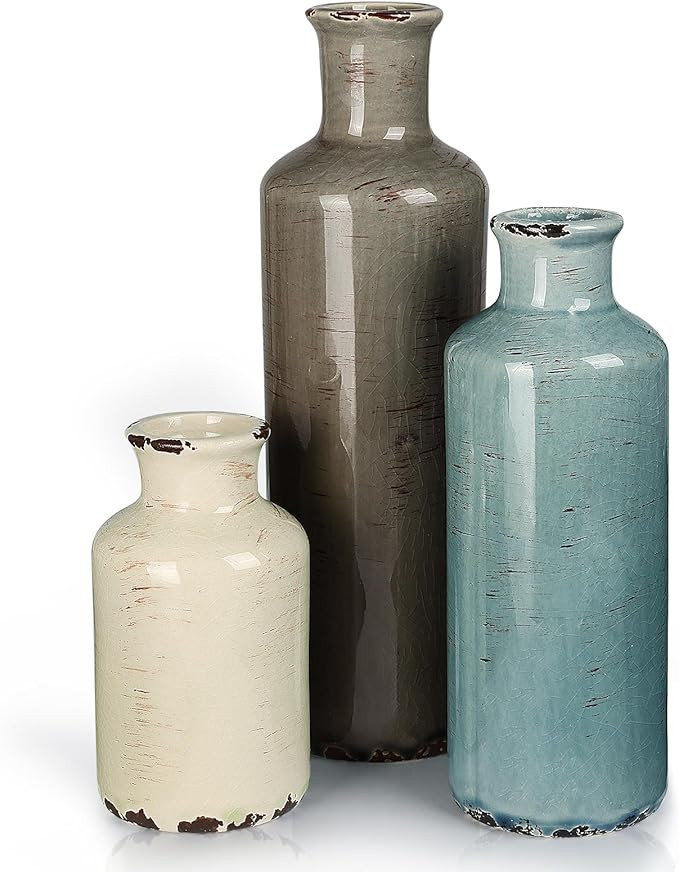 CUCUMI Ceramic Vases Set of 3, Rustic Coastal Vases Home Decor, Farmhouse Flower Vases Decor for ... | Amazon (US)