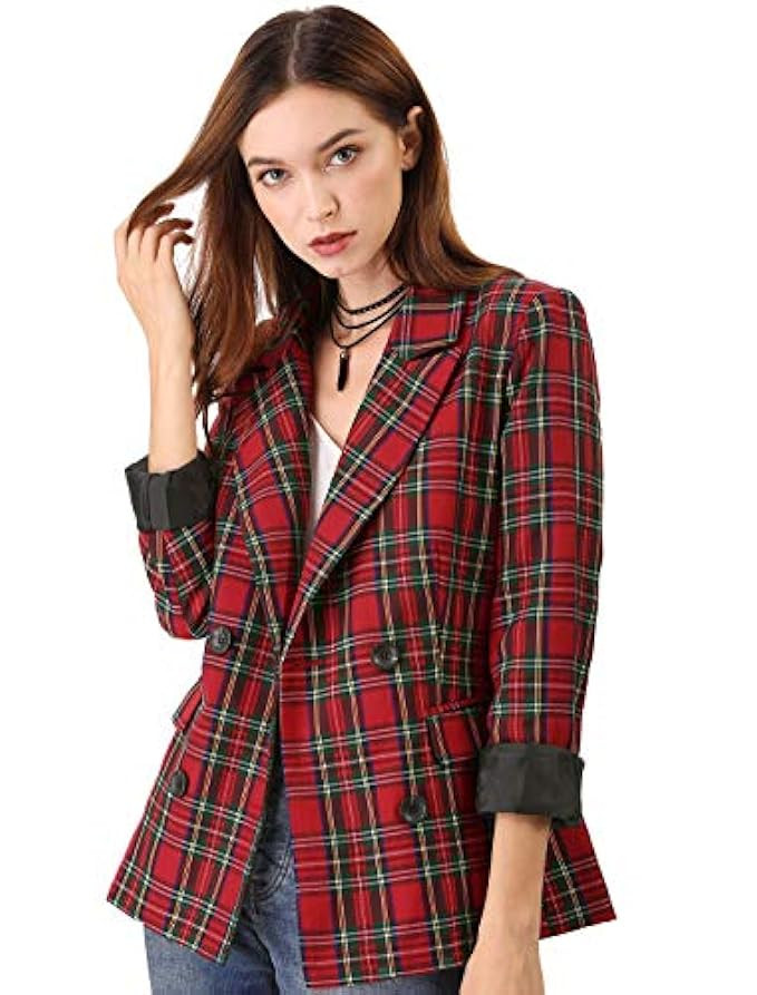 Allegra K Women's Notched Lapel Double Breasted Plaid Formal Blazer Jacket | Amazon (US)
