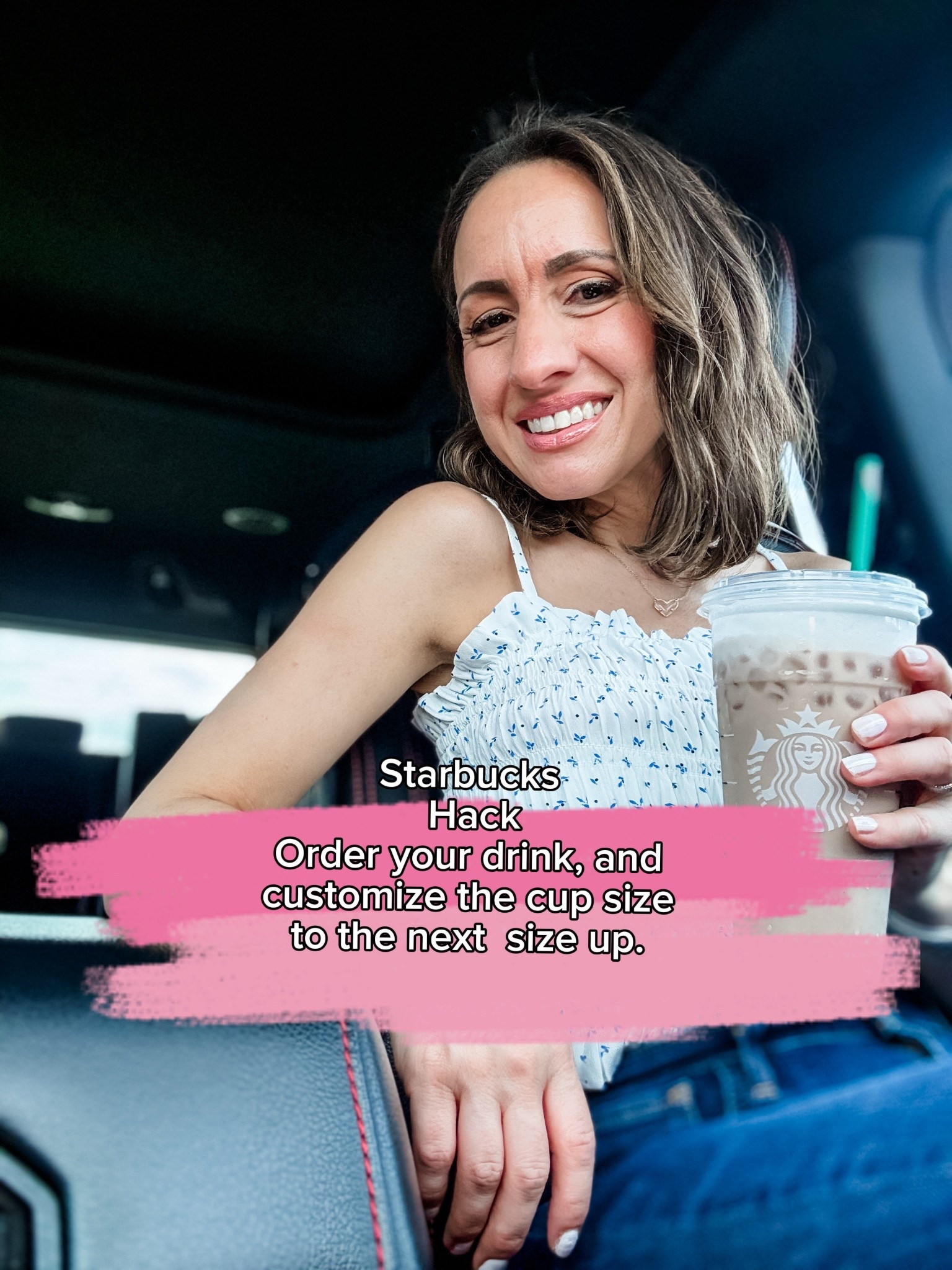 Hello! 
•Here’s the cutest floral tank top with adjustable straps. It runs true to size. 
• Levi’s jeans run true to size. Love them. 
•Kendra Scott necklace.  
Starbucks order hack. 
Order your drink. Customeize the cup to the next size up. This is a grande. 😉


#LTKootd #LTKOver40 #LTKPetite