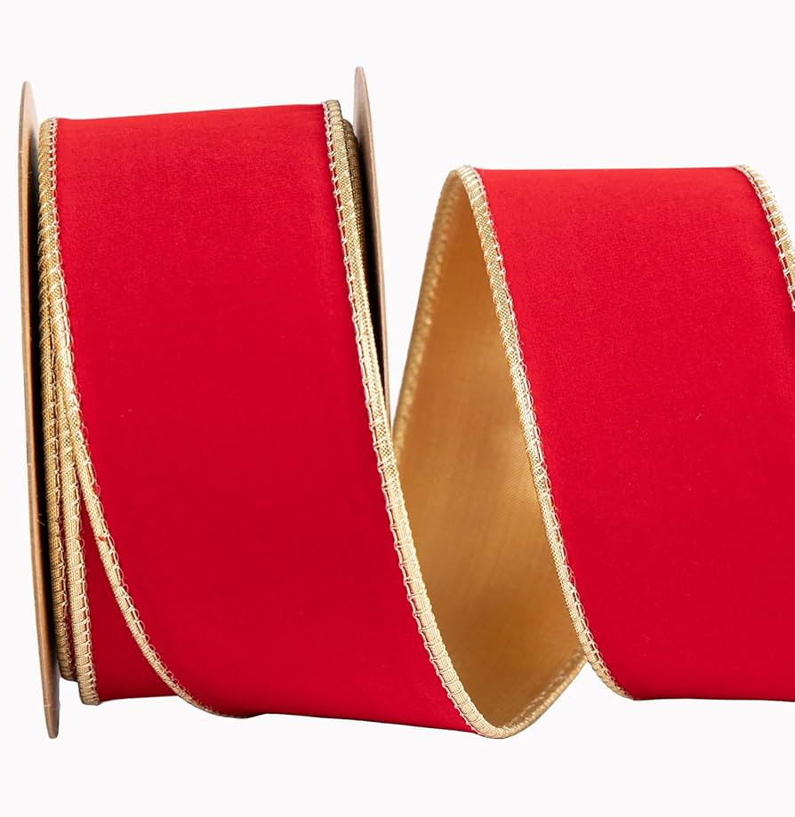Red Velvet Wired Ribbon 2.5 inch Wide*10Y Red and Gold Backing Velvet Ribbon Double Sided for Chr... | Amazon (US)