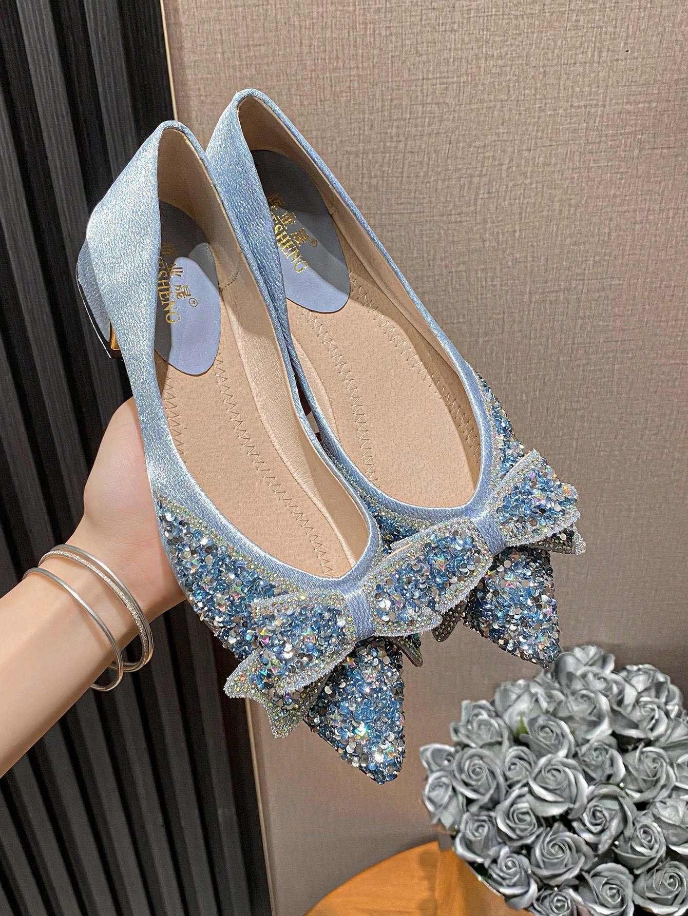 Women Rhinestone & Bow Decor Point Toe Flats, Glamorous Fabric Flats For Party | SHEIN