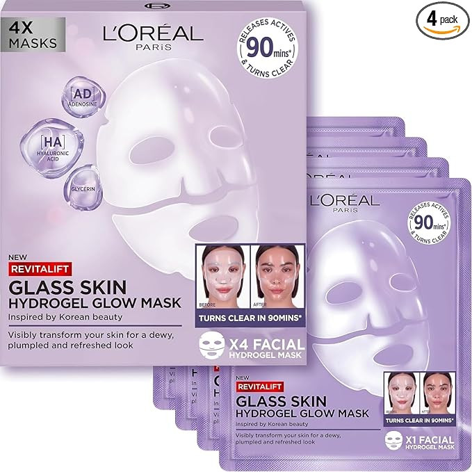 L'Oreal Paris Glass Skin Korean Face Mask 4 Pcs, Revitalift Filler Hydrogel Glow Mask, Korean Ins... | Amazon (UK)