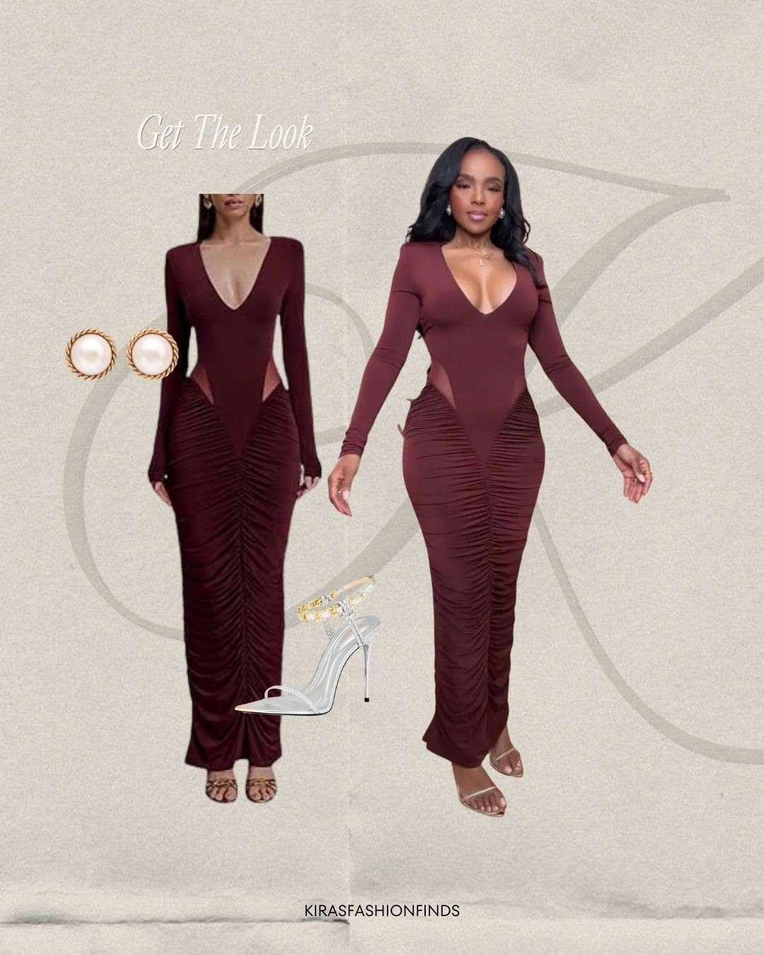 ✨ Get The Look — sleek, sculpting, and ultra-flattering.
This ruched midi dress is designed to hug in all the right places with a deep V neckline and dramatic ruching that elevates the entire silhouette. It’s bold, confident, and made for statement moments.

Perfect for date night, cocktail events, birthday dinners, or nights out.

📏 Sizing: Dress (Small) • Heels (TTS) • Earrings (One Size)  
Measurements: 5’4” · 138 lbs · 34D · 27” waist · 40” hips

Shop instantly on the app to recreate this elevated look.

ruched midi dress, deep v neck dress, sculpting bodycon dress, night out outfit, cocktail dress outfit ideas, elegant evening style.

Follow me on Instagram and YouTube @kirasfashionfinds