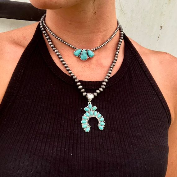 Turquoise and Navajo pearl squash blossom necklace | Etsy (US)