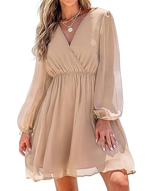CUPSHE Women's Mini Dresses Casual Spring V Neck Chiffon Long Peasant Sleeves Flowy Summer Dress | Amazon (US)