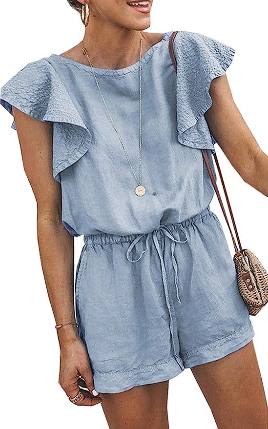 Angashion Women's Loose Casual Ruffle Cap Sleeve Short Jumpsuits Hollow Back Romper with Belt | Amazon (US)