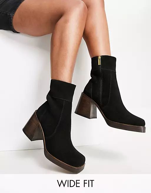 ASOS DESIGN Wide Fit Region suede mid-heel boots in black | ASOS (Global)