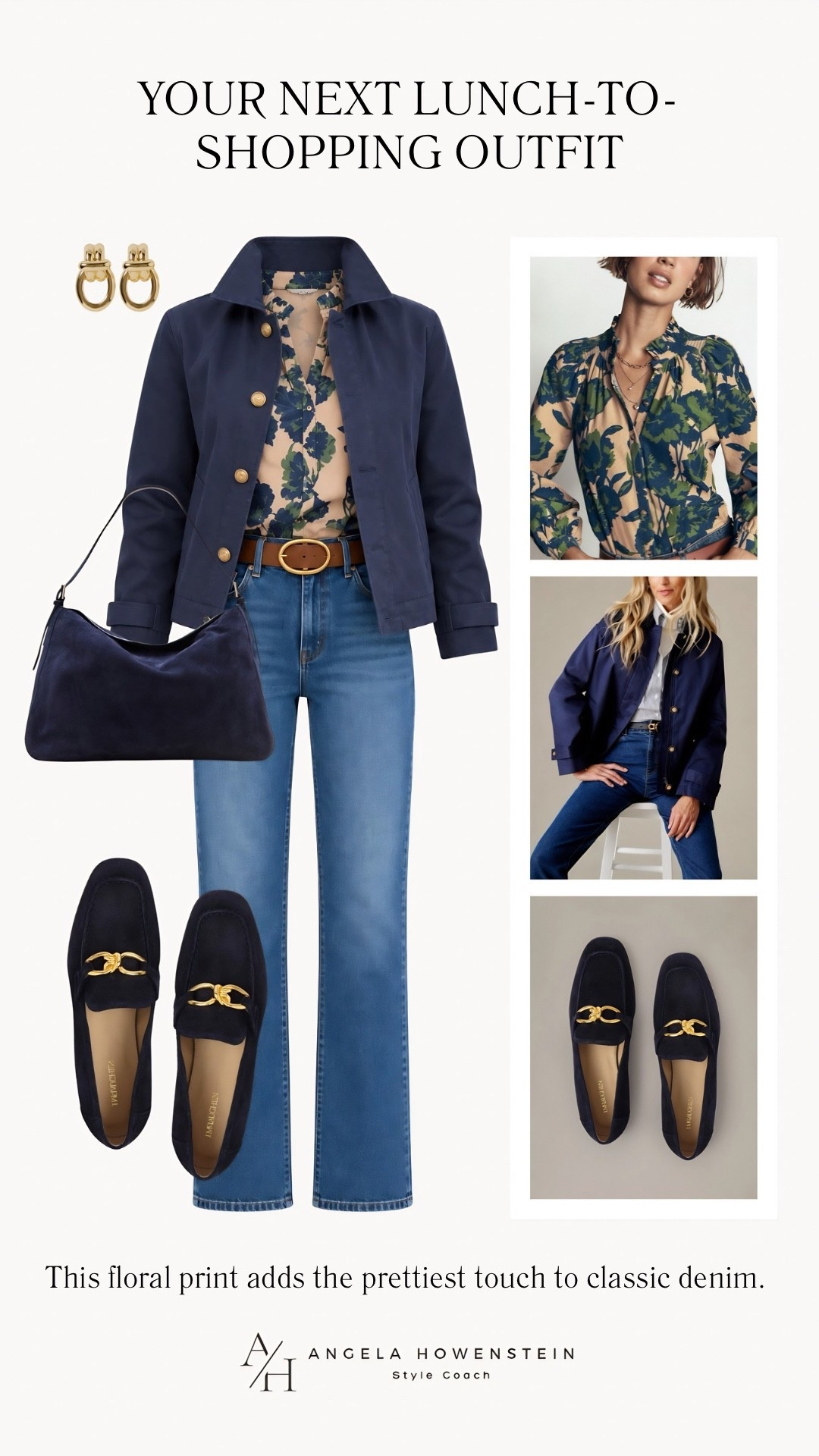A navy jacket, a beautiful floral blouse, and classic jeans, this is such an easy way to look pulled together! 

I love how the navy loafers and gold details tie everything together. 

Wear it for lunch, shopping, casual workdays, or a weekend outing. 

👩‍💻 LTK PRO TIPS
❤️ Heart = Support my posts ;-)
🔖 Save = Get sale & restock alerts for the things you love!
📋 Lists = Keep favorites organized (List ideas: Christmas, Birthdays, and Vacations!)
📲 Share = Send lists and products to a friend (or your daughters like me).
💬 Comment = Ask me anything, and I’ll answer. ;-)