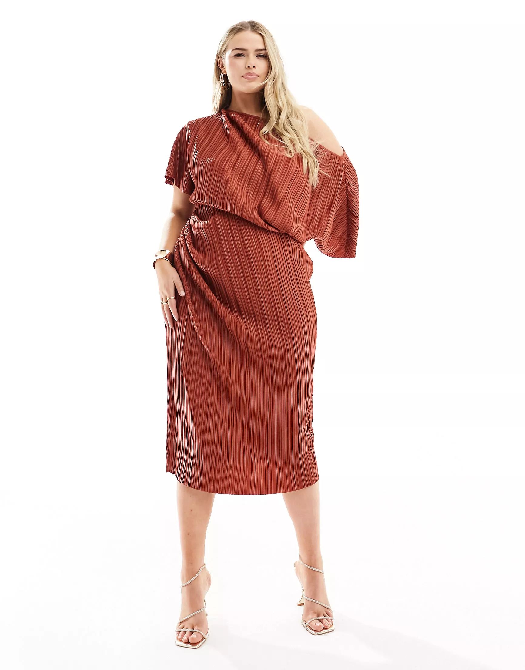 ASOS DESIGN Curve plisse fallen shoulder midi dress in rust | ASOS (Global)