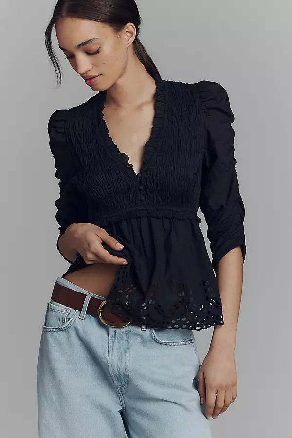 By Anthropologie Ruched-Sleeve Smocked Blouse | Anthropologie (US)