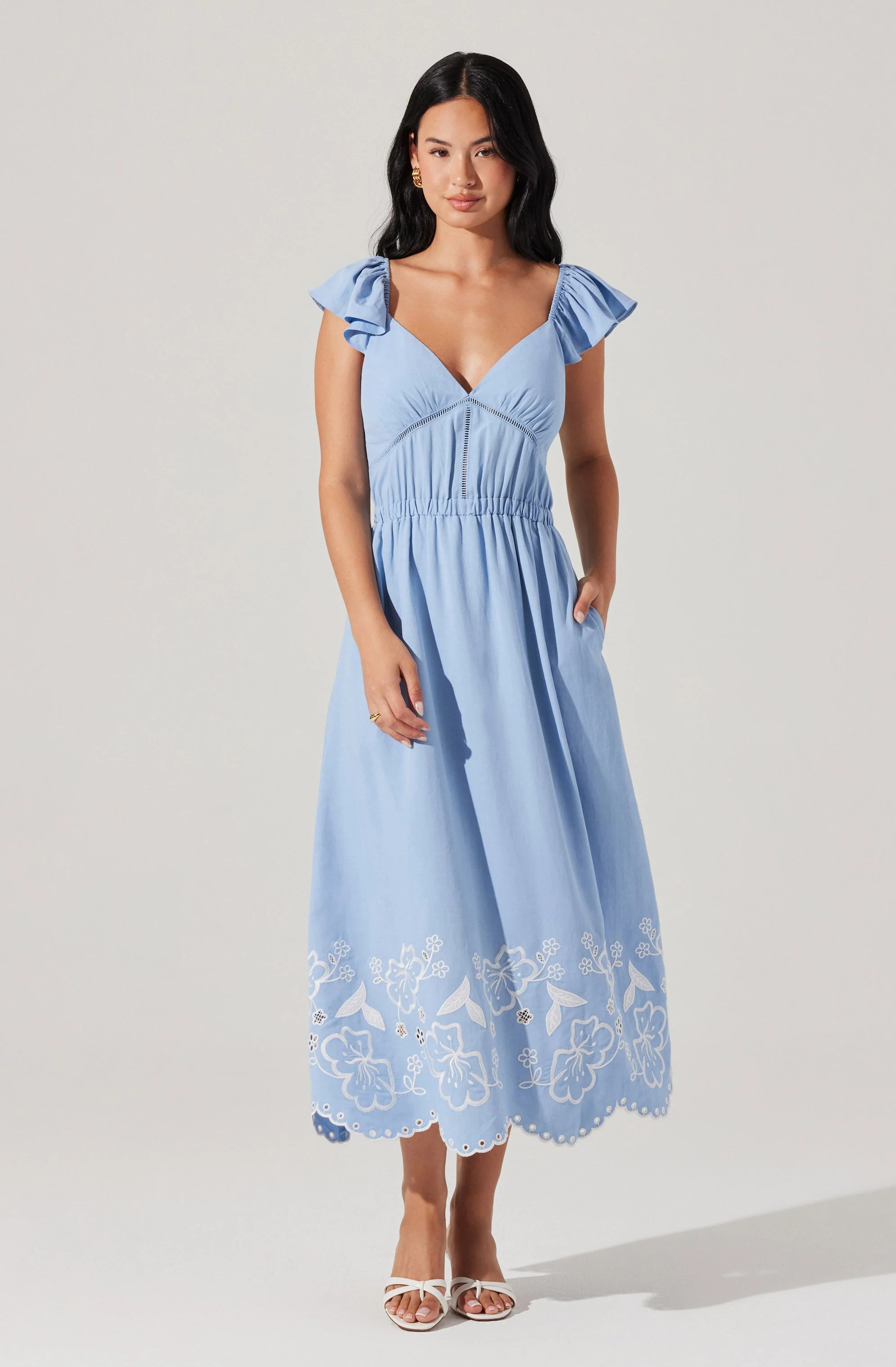 Odeletta Embroidered Floral Trim Midi Dress - Blue / S | ASTR The Label (US)