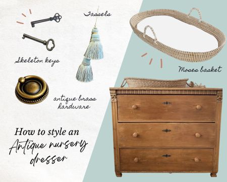 How to update an antique changing table dresser
Moses changing basket
Tassels
Vintage skeleton key
Antique brass round ring hardware 

#LTKbaby #LTKunder50 #LTKhome