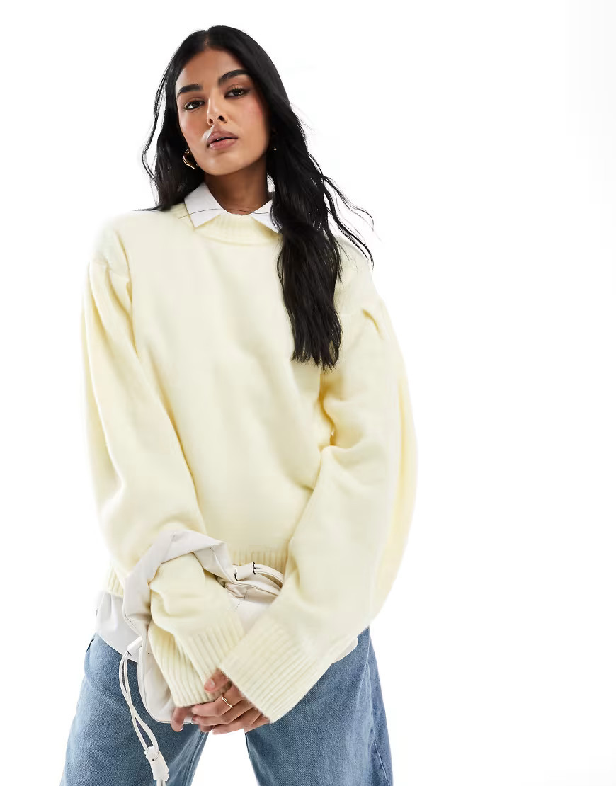 ASOS DESIGN volume sleeve crew neck sweater in buttermilk-Yellow | ASOS (Global)