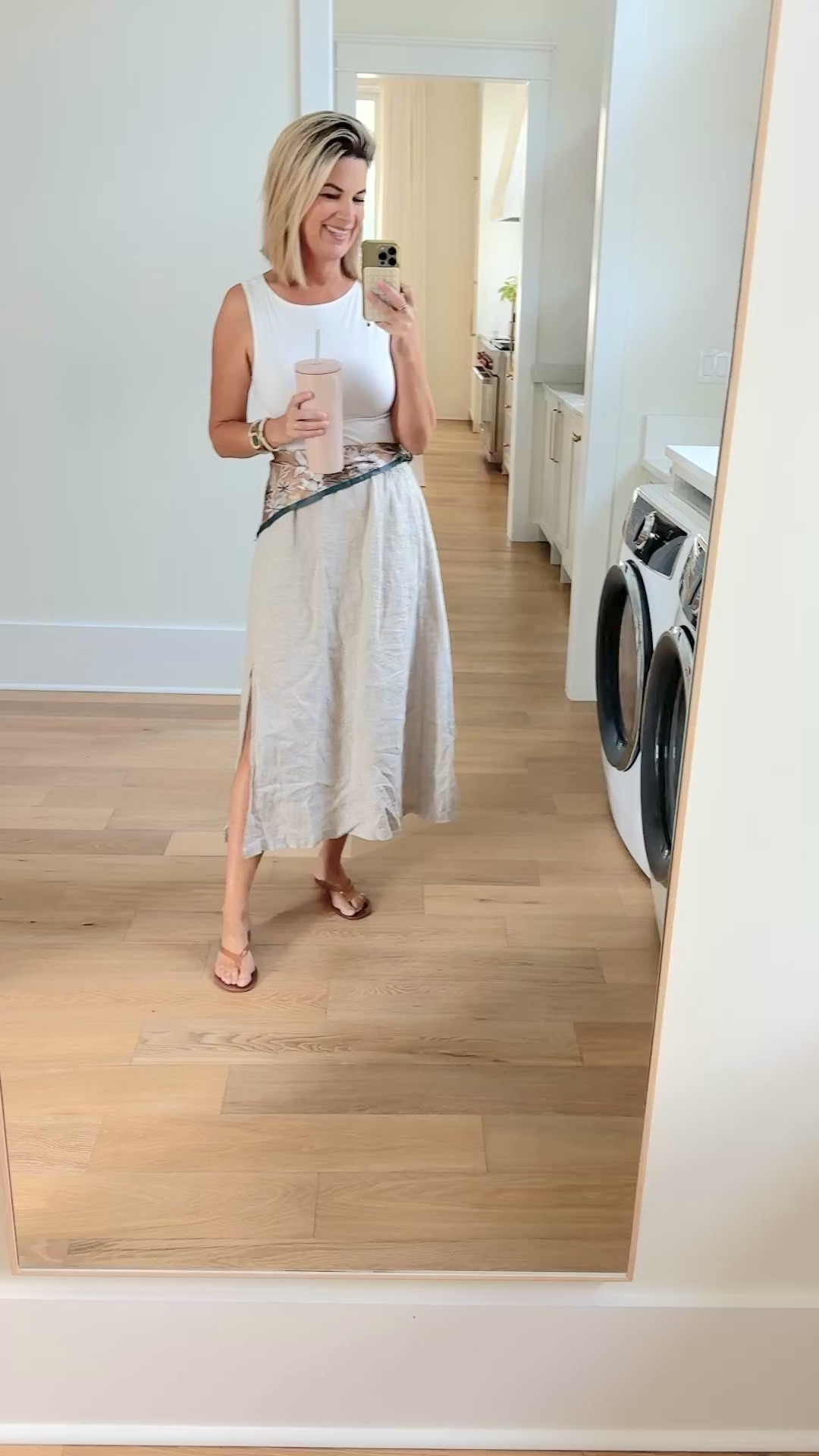 Instead of shorts try an elastic waist skirt. I have worn this linen one so much thing spring and summer. It was part of my European travel capsule wardrobe.  Small tank (organic cotton).  Sandals true to size.  The scarf is more tan in person. Called “kaki floral”.

#LTKootd #LTKOver40 #LTKgrwm