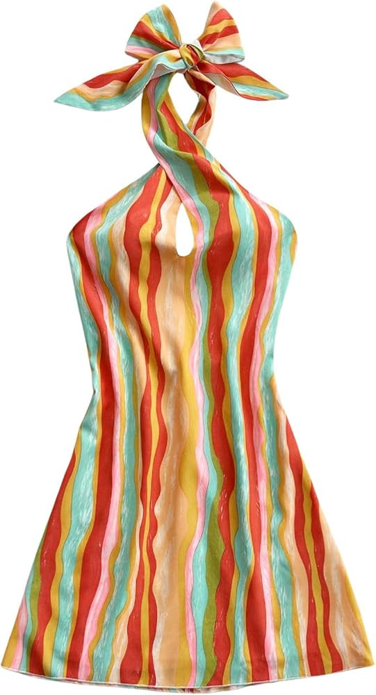 Floerns Women's Striped Print Sleeveless Mini Dress Cross Halter Neck Beach Dresses | Amazon (US)
