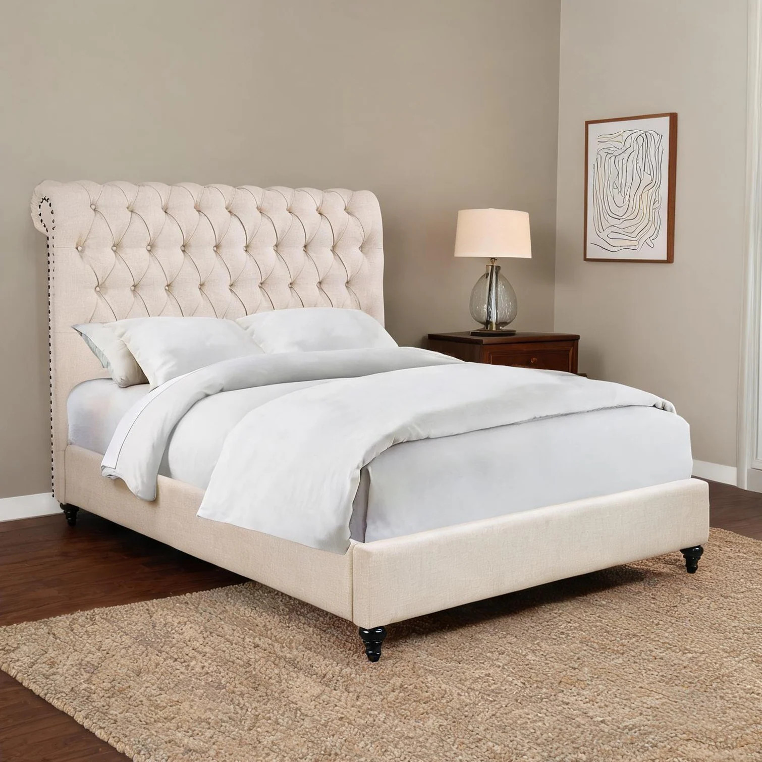 SunJet Queen Upholstered Bed with Tufted Headboard Beige-Toned Fabric Classic Scrolled Silhouette one_size | 7BVXT8EHE764 | Lowe's