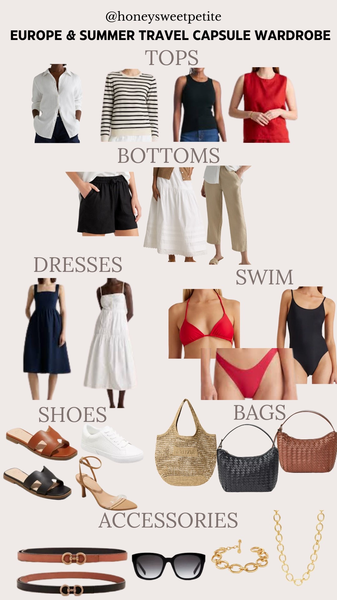 Europe & Summer Capsule Wardrobe
For reference: I’m 5’0, 32b bra size, and 2/26 in bottoms, pear shaped.

White linen top size xs TTS
Black stripe cashmere sweater size xs TTS
Black cashmere tank size xs TTS
Red linen top size xs TTS - roomy fit
Black linen shorts size xs TTS
White maxi skirt size xs TTS
Tan Driftwood linen pants size xs TTS
Navy Dress size xs TTS
White dress size xs TTS
Red swimsuit top size xs TTS
Red swimsuit bottoms size small TTS
Black swimsuit size xs TTS
Brown sandals size 5.5 TTS - similar linked, mine are old
Black sandals size 5.5 TTS
White sneakers size 6 TTS
Clear and tan heels size 5 TTS
Black and brown reversible belt size xs TTS

Summer outfits
Petite 
Vacation looks
Cruise outfits

Capsule
Paris
Italy
France
Spain
London
Caribbean 
Tropical
Europe
Causal
Shorts
Shirts
Sleeves
Honey Sweet Petite
Honeysweetpetite
Charleston, SC


#LTKStyleTip #LTKPetite #LTKTravel
