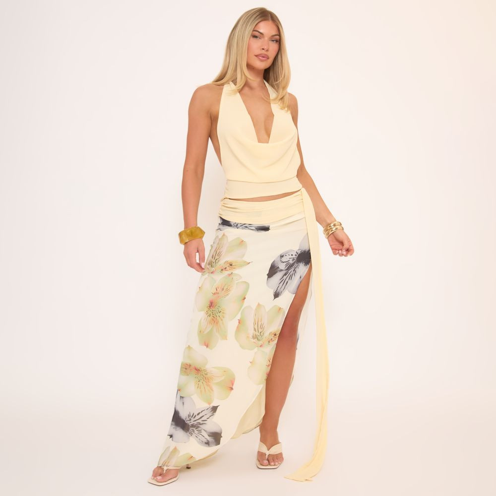 Cowl Halterneck Open Back Top And Printed Maxi Skirt Co-Ord Set In Yellow | EGO (UK)