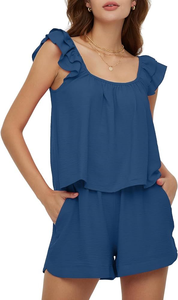DEEP SELF Women's 2 Piece Summer Outfits Sleeveless Ruffle Strap Crop Tops Matching High Waisted ... | Amazon (US)