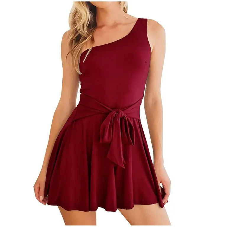 Womens Summer Sleeveless One Shoulder Rompers Solid Belted Pleated Flowy Shorts Rompers Casual Tr... | Walmart (US)