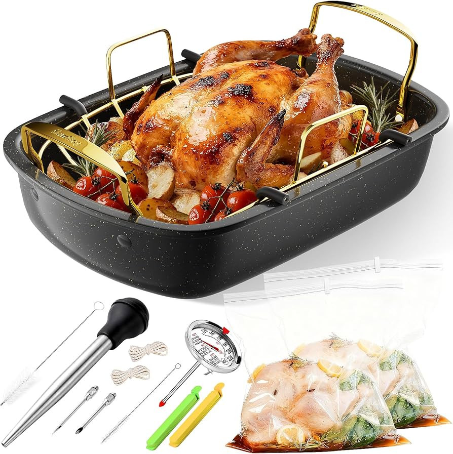Turkey Roasting Pan, 17x13 Inch Nonstick Roaster with Removable Rack, Turkey Baster, Meat Thermom... | Amazon (US)