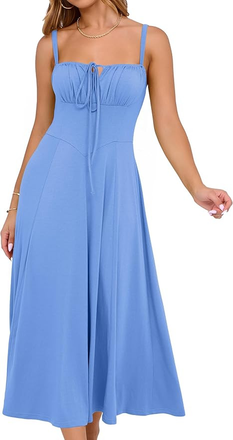 YATHON Women's Summer Midi Corset Boho Dresses Casual Floral Spaghetti Straps Lace Up Dress Flowy... | Amazon (US)