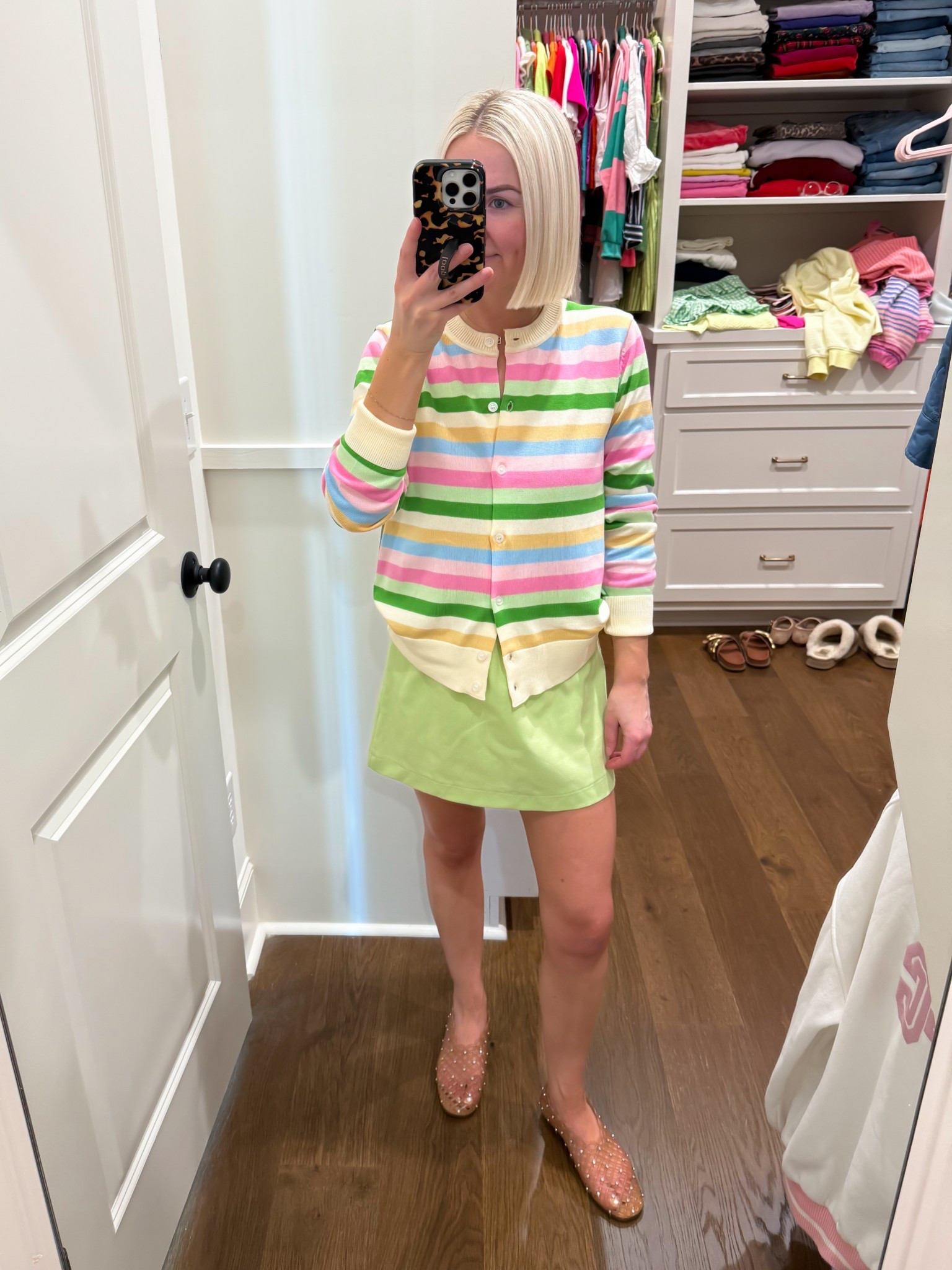 Rainbow stripe spring cardigan 
Size: small (probably needed XS) 
Walmart fashion 

#LTKootd #LTKPetite