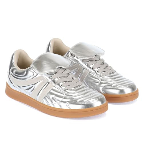 PTUPLYU Sneakers for Women Fashion Comfortable Tennis Shoes Casual Non-Slip Lace-up Lightweight Flat Walking Shoes Silver Szie 7.5 | Amazon (US)