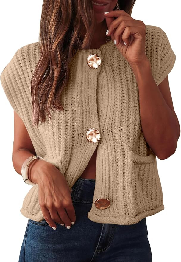 ANRABESS Women Chunky Knit Sweater Vest Button Down Casual Sleeveless Cardigan with Pockets Sprin... | Amazon (US)