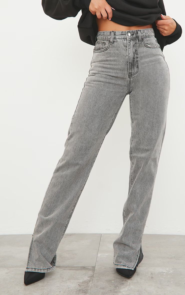 Washed Grey Split Hem Straight Leg Jeans | PrettyLittleThing US
