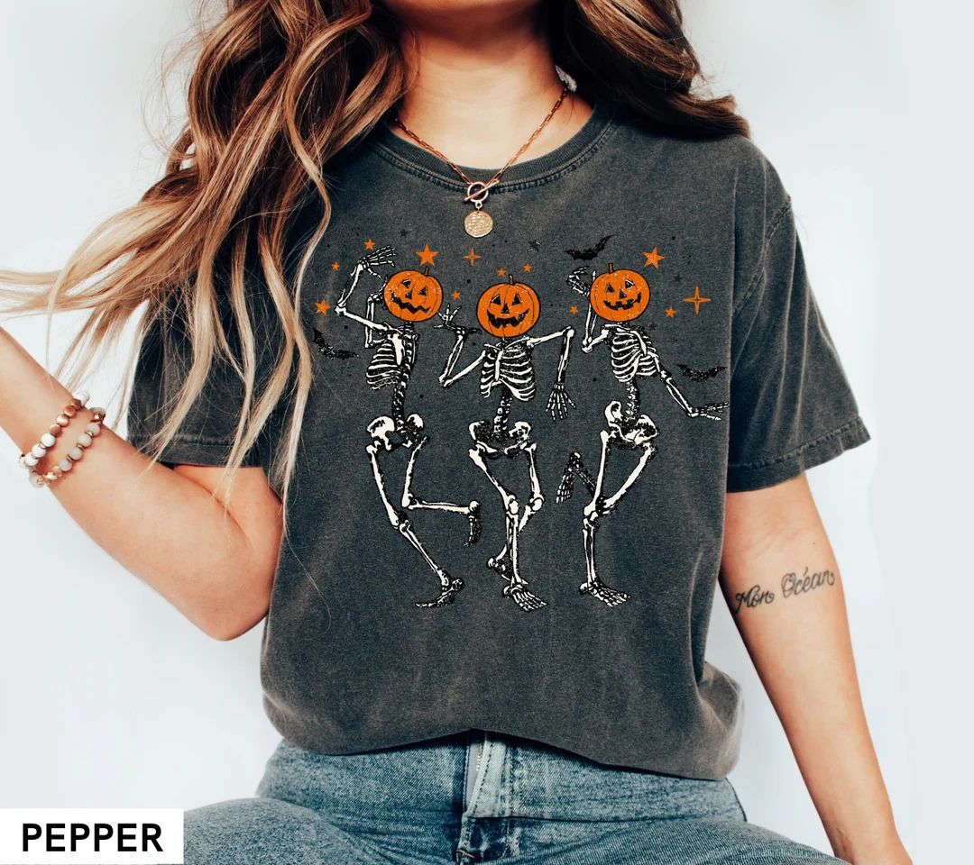 Skeleton Halloween Shirt, Pumpkin Halloween Sweatshirt, Pumpkin Shirt, Fall Sweatshirt Spooky Sea... | Etsy (US)