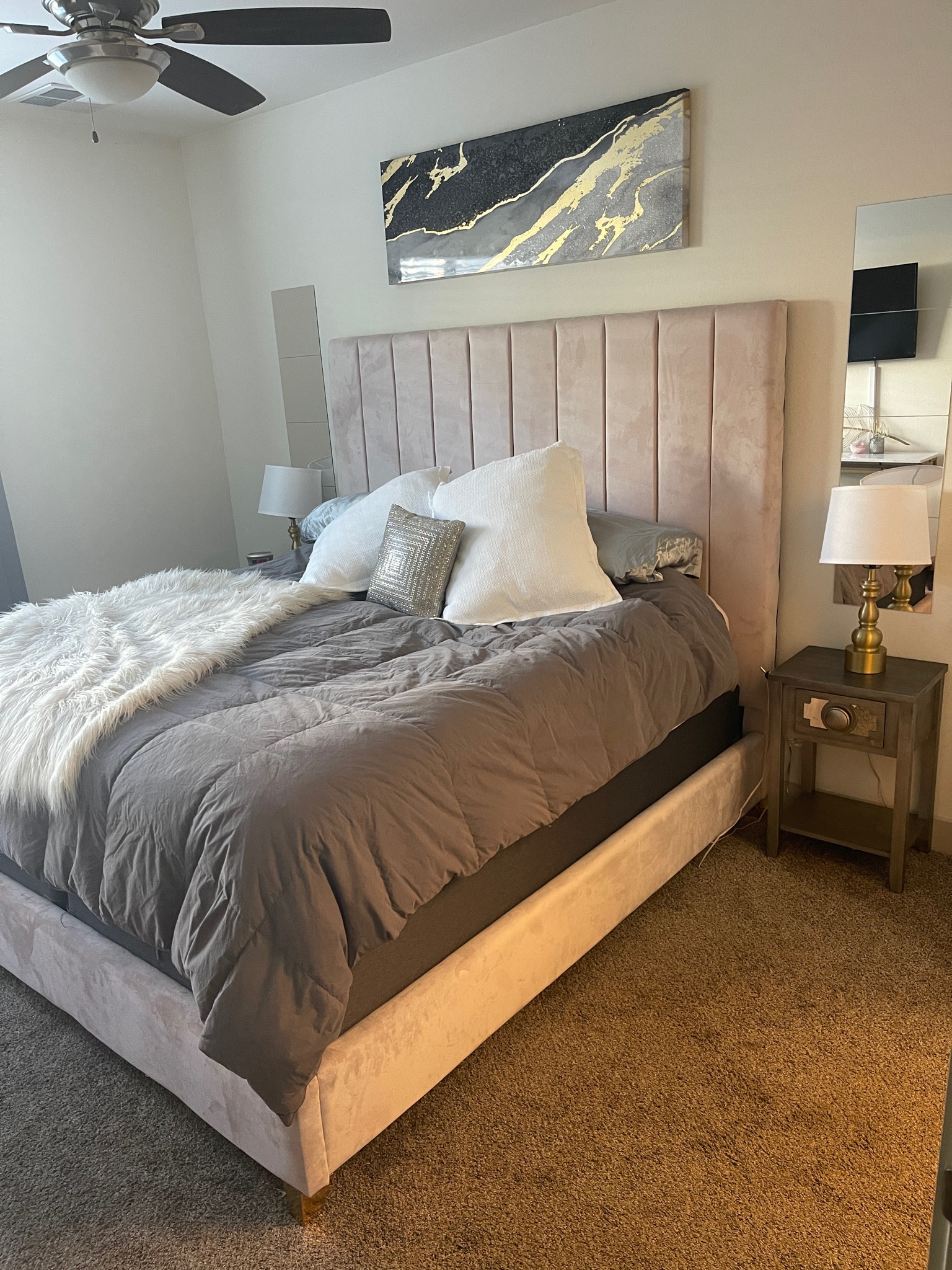 Blush pink velvet platform bed. I have a size King. Bedroom is coming along! Added some easy and cheap tile mirrors above each night stand top open the room up! 

#LTKGiftGuide #LTKstyletip #LTKhome