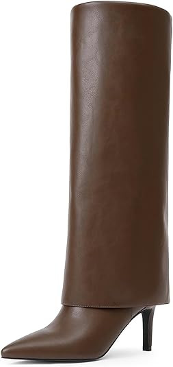 Knee High Boots Women Fold Over Boots Pointed Toe Stiletto Heel Tall Slouchy Boots Zipper Dress L... | Amazon (US)