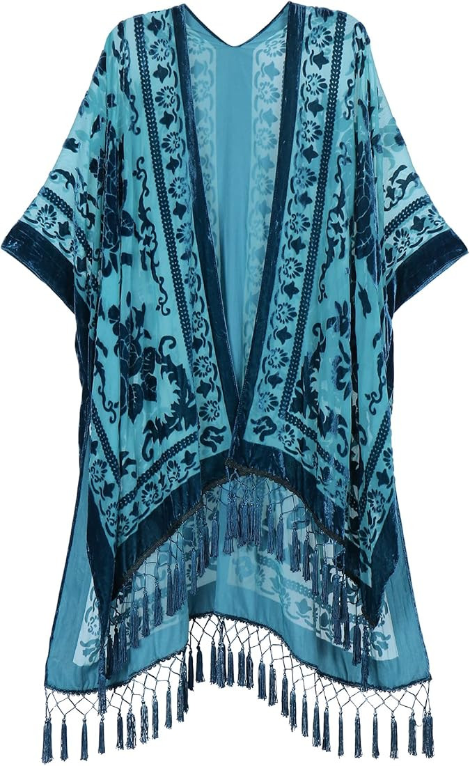 MJ SERECA Women's Burnout Velvet Kimono Long Cardigan Cover Up Without Tassel | Amazon (US)