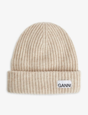 GANNI Logo-patch wool, recycled-wool and recycled-polyamide blend beanie | Selfridges