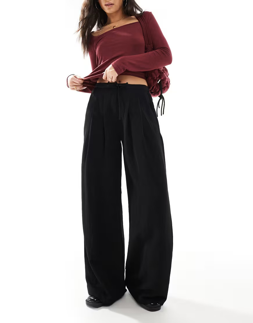 Stradivarius wide leg crinkle tie waist trouser in black | ASOS (Global)