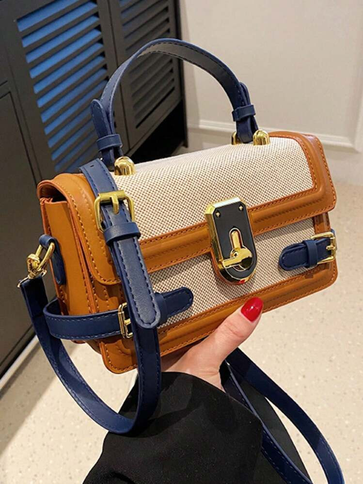 Womens Retro Aesthetic Flap Crossbody Bags Splicing Messenger Bags Square Metal Buckle Shoulder Bags With Top Handle For Valentine's Day Gift Idea | SHEIN