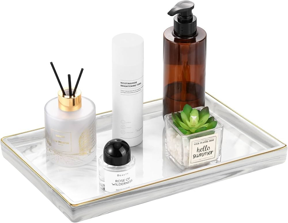 Luxspire Bathroom Vanity Tray, 12inch Marble Ceramic Bathroom Trays for Counter, Gold and White T... | Amazon (US)