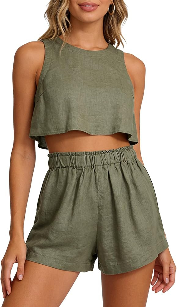 Amazhiyu Womens 100% Linen Summer 2 Piece Outfits Lounge Shorts Sets with Pockets | Amazon (US)