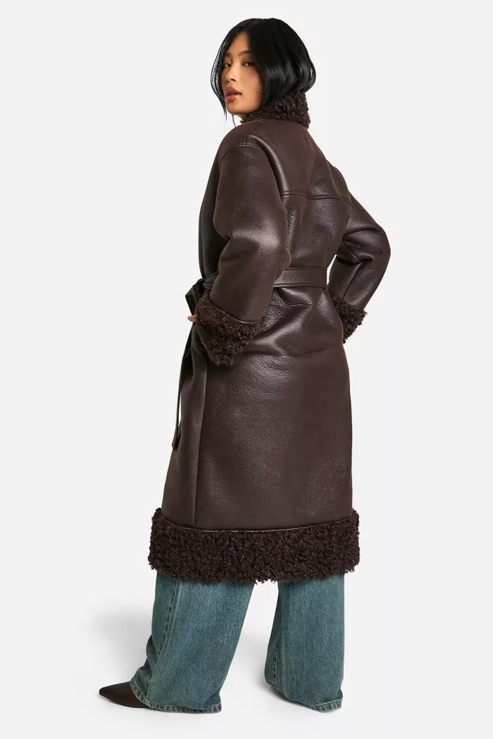 Petite Teddy Trim Belted Faux Leather Coat | boohoo (US & Canada)