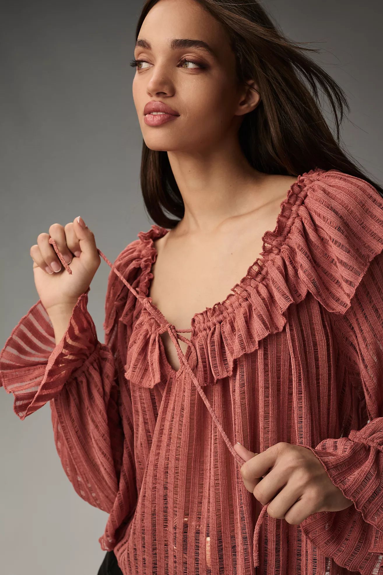 By Anthropologie Long-Sleeve Sheer Striped Crop Blouse | Anthropologie (US)