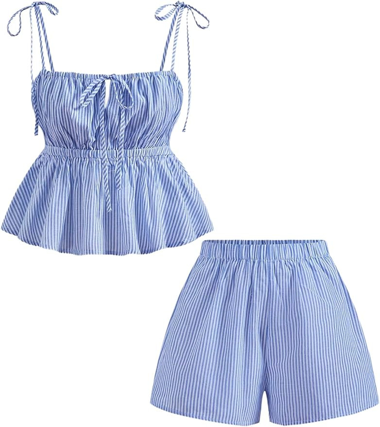 MakeMeChic Women's 2 Piece Summer Outfits Striped Tie Shoulder Peplum Shirred Tops and Shorts Set | Amazon (US)