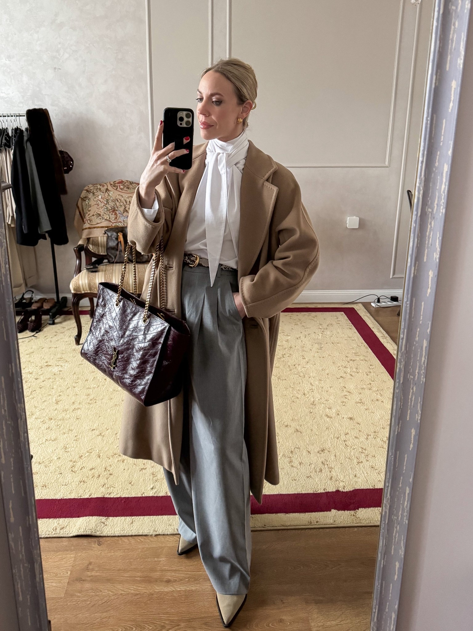 Work outfit of the day 

Spring workwear, business casual, @Zara tie neck blouse, snakeskin belt, burgundy YSL tote bag, office look

#LTKOver40 #LTKootd #LTKWorkwear