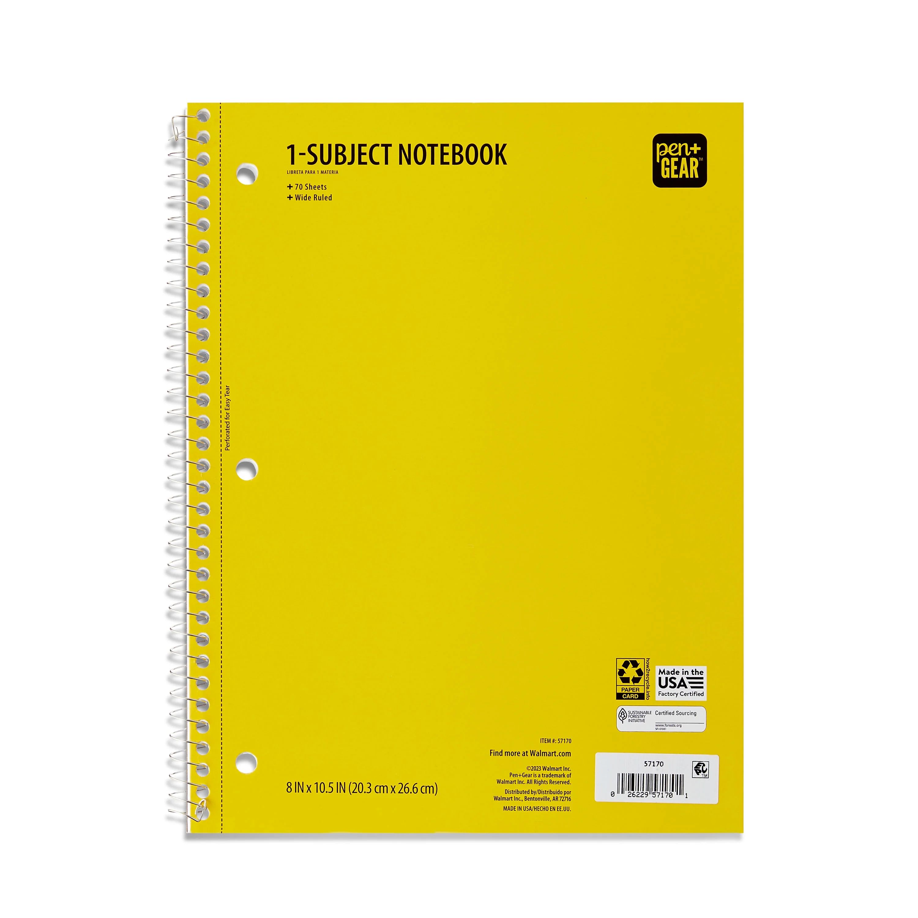 Pen + Gear College Rule 1-Subject Notebook, 10.5" x 8", Yellow, 70 Sheets | Walmart (US)