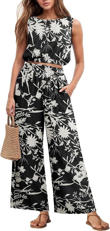 GRECERELLE Two Piece Sets for Women Sleeveless Crop Top Wide Leg Pants Sweat Set for Women Tracks... | Amazon (US)