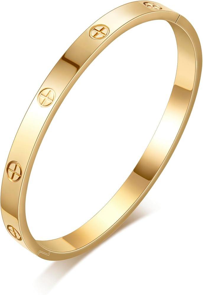 Gold Bangle Bracelets for Women 18K Gold Plated Stainless Steel Love Bangle Bracelet for Women Me... | Amazon (US)