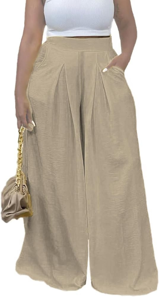 Women's Wide Leg Long Palazzo Pants High Waist Loose Fit Casual Flowy Pants Trousers with Pockets | Amazon (US)