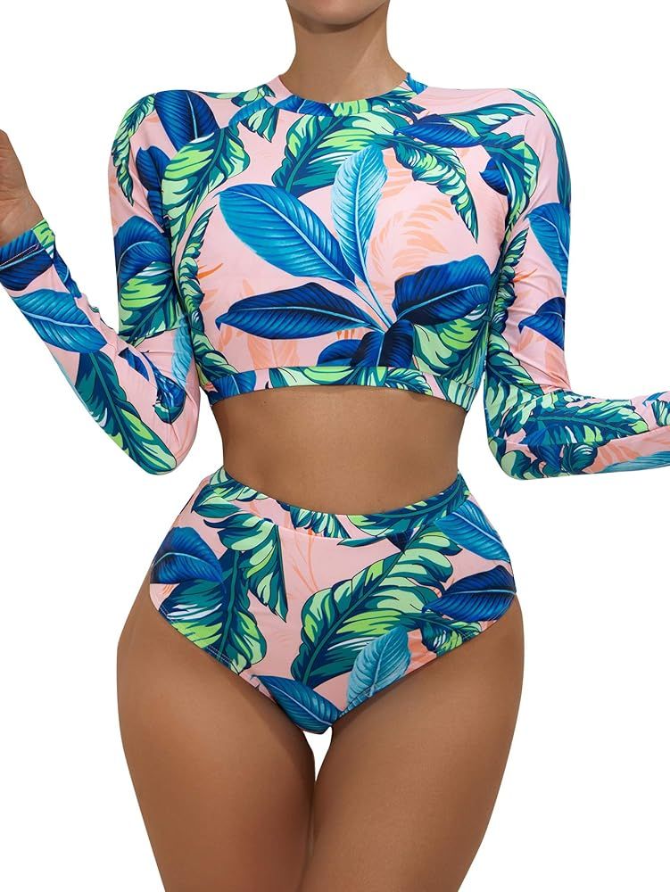 MakeMeChic Women's Bathing Suit Floral Long Sleeve Top and High Waist Panty Swimsuit | Amazon (US)